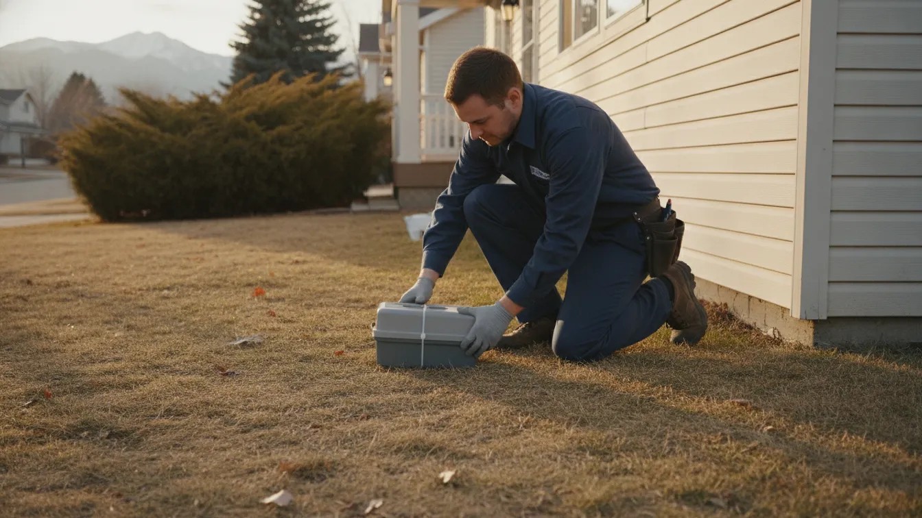 Pest control technician inspecting a Denver home baseboard for mouse entry points
