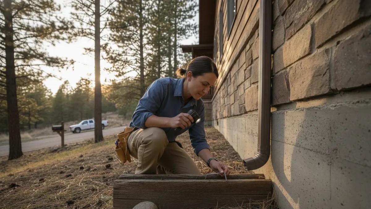 Pest professional inspecting a wood sill and foundation for possible termite activity