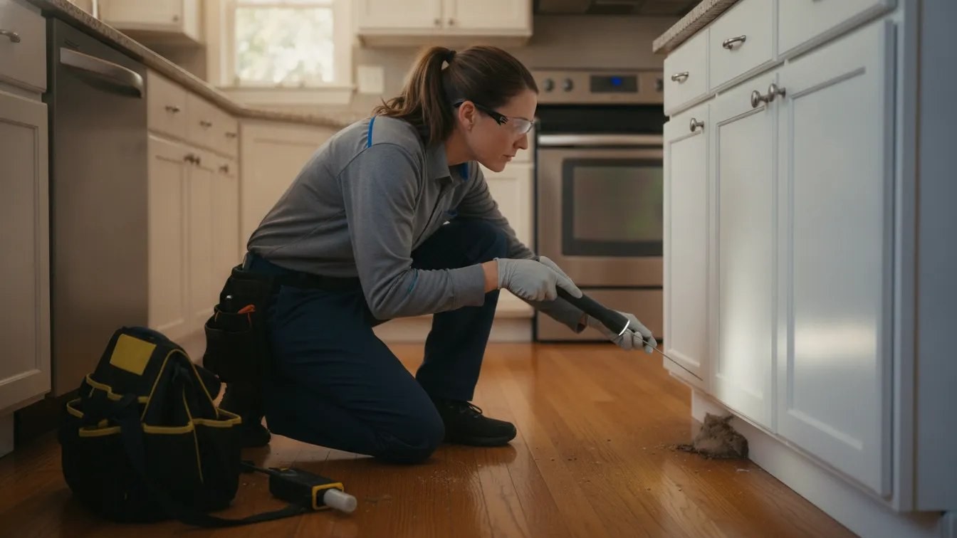 Beeline technician inspecting behind a baseboard for mouse entry points in a Denver home