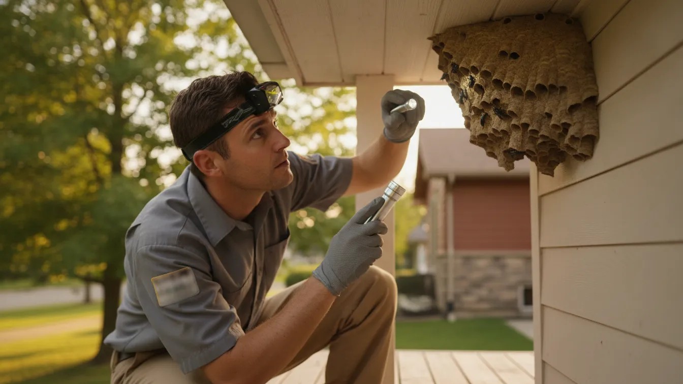 Pest technician inspecting a mud dauber nest beneath a Colorado porch roof