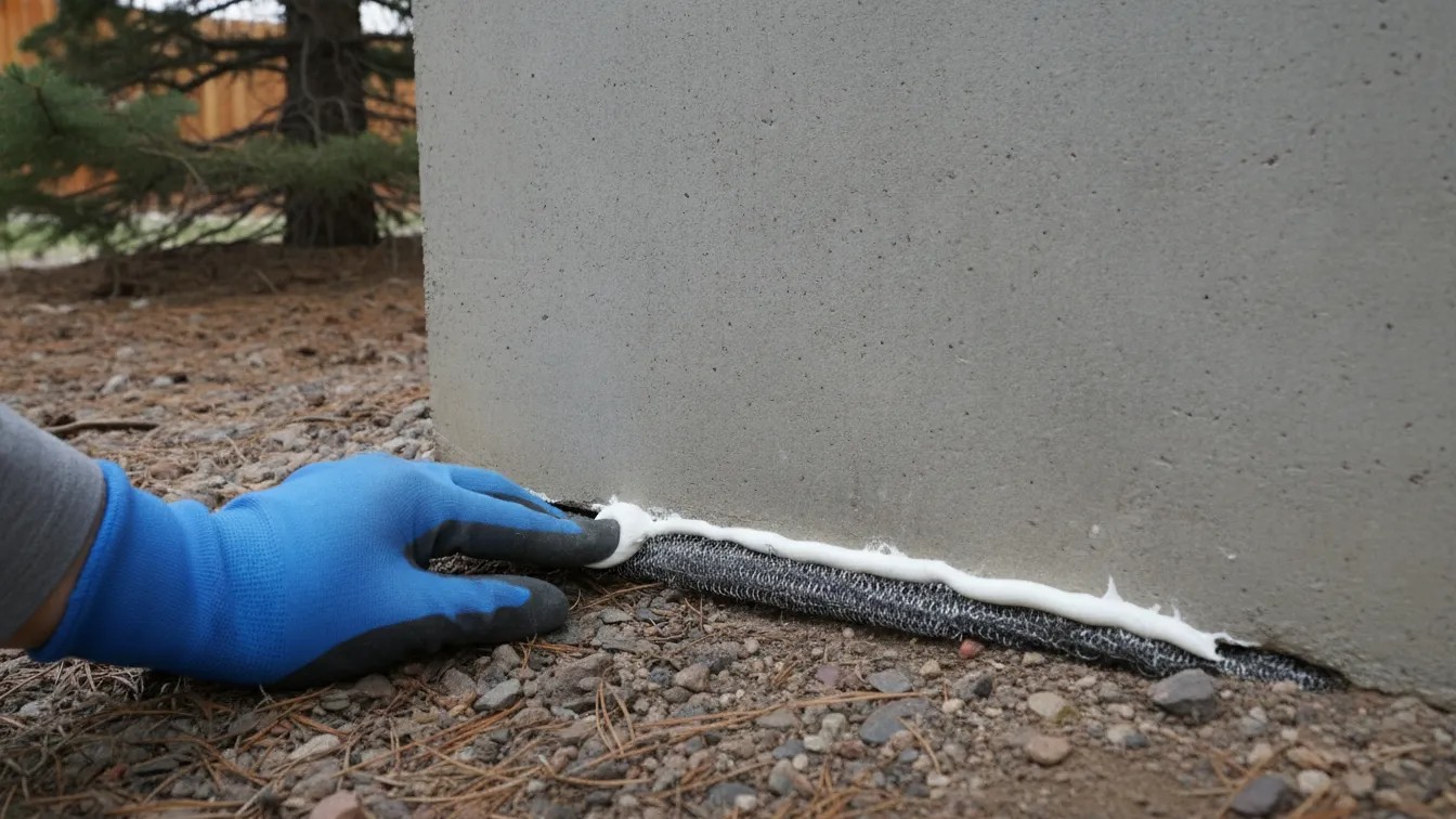 Colorado homeowner sealing a small gap at the home foundation before winter to prevent mice