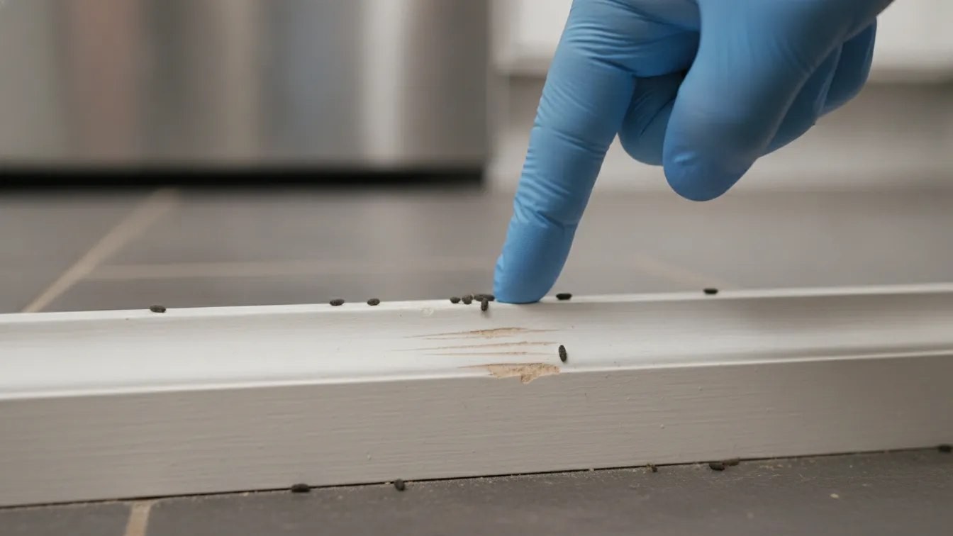 Small dark mouse droppings and gnaw marks along a kitchen baseboard in a Denver home